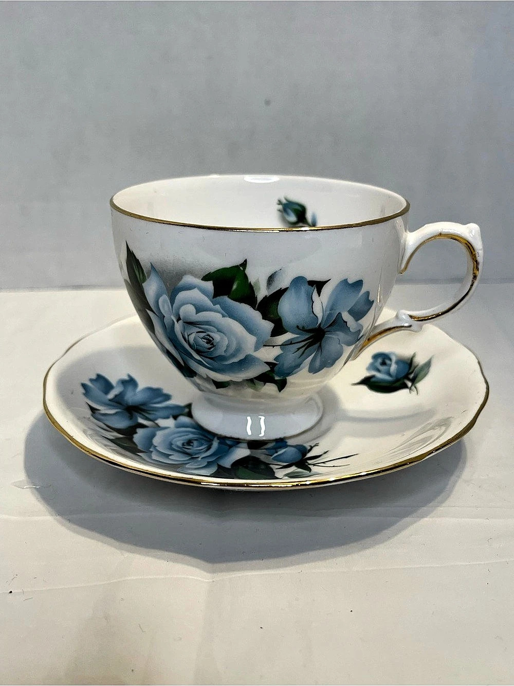 Queen Anne Floral Teacup & Saucer in Blue & White